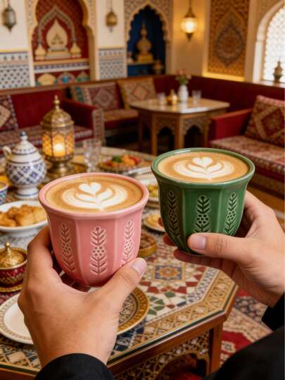 1pc 250ml/8.5oz Arabic Ceramic Coffee/Matcha Cup - Tulip Embossed Floral Pattern Mug, Green, Pink And Blue Matte Glaze, Suitable For Serving Coffee, Matcha And Tea