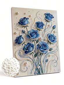 1pc DIY Blue Rose Pearl Painting, 5D Handmade Diamond Painting Set, Frameless Art Embroidery Cross Stitch Diamond Painting, DIY Art Craft Wall Decoration Painting, Special Pearl Diamond Design To Make The Picture More Vivid And Three-Dimensional - Cartoon - View 2