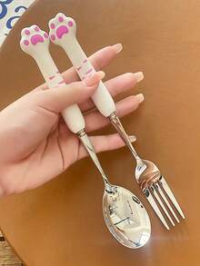 1pc/2pcs/5pcs Stainless Steel Spoon, Fork, Cartoon Cute Long Handle Tableware, Household Creative Student Children Eating Spoon Soup Spoon - View 1