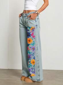 Women's Wide-Leg Ripped Jeans NZ001 |   Casual Street Style, Suitable For All Seasons, Long Length, Slightly Stretchy Fabric, Floral And Butterfly Colorful Pattern Print, Pocket Details, Perfect Gift For Christmas, New Year, And Valentine's Day - 風格 - 查看 5