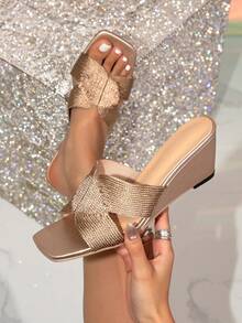 Metallic Champagne Braided Twist Wedge Mules Women Square Toe Woven Strap Satin Wedge Heel Sandals - Champagne - View 2