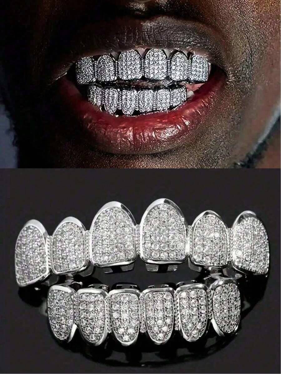 1/2 chiếc răng giả mạ vàng đính đá Zirconia, trang sức răng cá nhân hóa phong cách Hip-Hop dành cho cả nam và nữ, thích hợp cho Halloween, tiệc tùng và cosplay.
