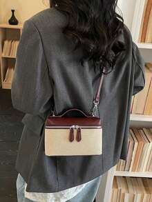 Women's Sophisticated Color-Blocked Canvas Small Square Bag, Retro Style, Perfect For Everyday Shopping Or Commuting, Simple Shoulder Bag. - Burgundy - View 8