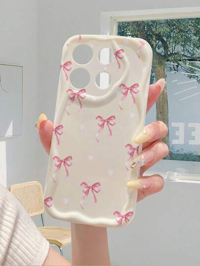 1pc Fashion Heart & Bow Tie Pattern Cream Ripple Thick Anti-Drop Precise Hole Lens Protective Phone Case, Suitable For Anti-Shock, Anti-Fall, High Fashion, Unisex, Ideal Choice For Fashion Lovers, Minimalist & Stylish Phone Case Compatible With Iphone/ Galaxy////Transsion