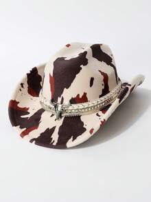 1 件男女通用仿皮牛印花蓬松帽，秋冬仿皮草时尚新款简约百搭西部牛仔帽，适合日常穿着、派对、西部主题活动、聚会、角色扮演、毕业典礼、化妆舞会、节日、生日庆典、音乐会（牛头带可拆卸） - 禮帽 - 查看 3