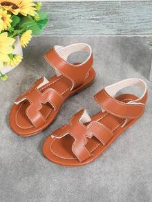 1 Pair Brown Toddler Boys/Girls Flat Sandals, Non-Slip Rubber Soft Bottom, Hook And Loop Design, Round Toe, Suitable For 3-15 Years Old Children, Daily, Travel, Beach, 2026 Spring/Summer New - Brown - View 3