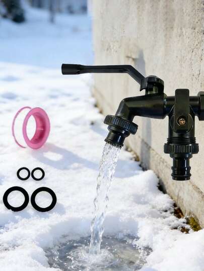 1 Set Modern All-Black Double Valve Faucet, With 1 Water Inlet And 2 Water Outlets Anti-Freeze Faucet, Zinc Alloy, Painted Surface, Suitable For Home And Garden Use, Zinc Alloy One-In-Two-Out Double-Control Water Faucet, Convenient For Outdoor Car Washing, Garden Irrigation, Pet Bathing, Comes With Rubber Gaskets.