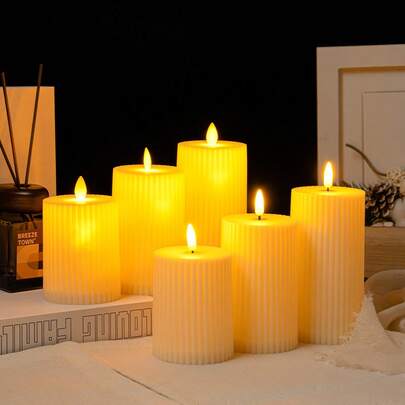 3 件套塑料米色齿轮条纹电子无焰蜡烛套装，现代 LED 无焰派对蜡烛，石蜡材质家居装饰