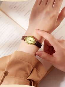 1件装女士手表 时尚休闲棕色皮表带石英表 女士手表 女士手表的完美礼物 - 金色 - 查看 2