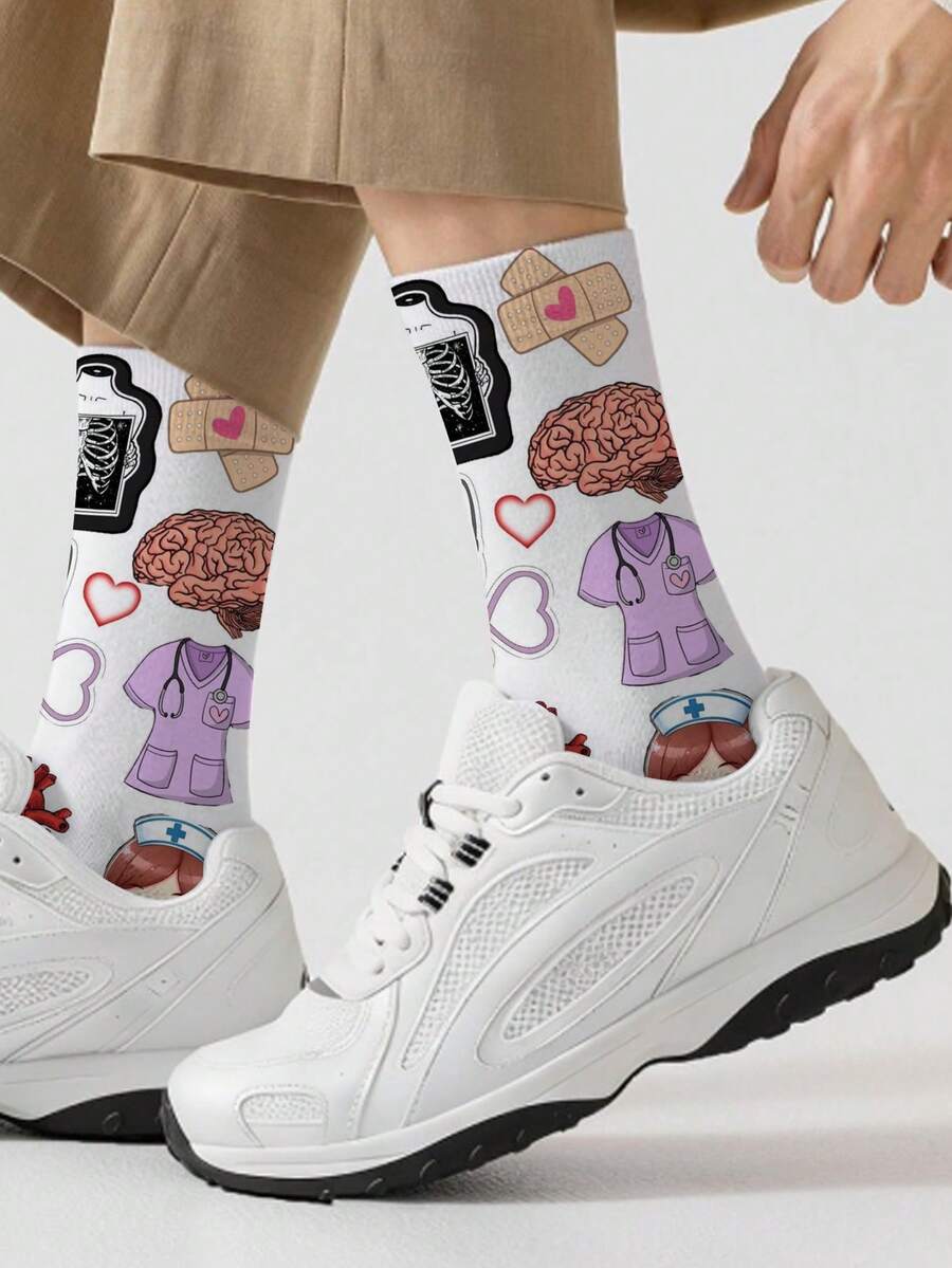 1 Pair 360 Men's Socks – Fun All-Over Print Featuring Creative Nurse Design,Soft, Comfortable, And Highly Elastic, These Fashionable Casual Streetwear Hip-Hop 360 Socks Are Perfect As Compression Gear, Valentine's Day Socks, Or Loose Maternity Socks Socks - Multicolor - View 1