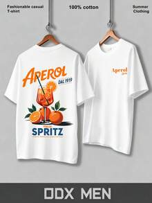 T-Shirt With Aperol Spritz Motif, Short Sleeve, Made Of Pure Cotton, Unisex, Casual Wear, Cocktail Print, Streetwear, Suitable For Leisure Holidays And Sporting Activities, A Great Gift For Friends, Men's Summer Clothing. - 白色 - 查看 2