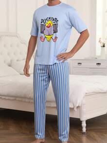 Bộ đồ ngủ nam in hình gà con hoạt hình, tay ngắn, cổ tròn, quần kẻ sọc, dễ thương và thoải mái. - Nhiều màu - Xem 4