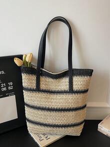 Dedoo Rainbow Stripe Woven Strap Spliced Underarm Straw Bag, Suitable For Spring And Summer, Vacation By The Sea, Daily Travel, Large-Capacity Single-Shoulder Tote Bag And Underarm Bag - Black - View 1