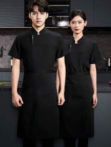 New Unisex Short Sleeve Embroidered Solid Color Breathable Chef Uniform With Stand Collar - Black - View 5