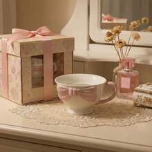 A Creative 3D Embossed Hand-Painted Bowknot Pattern Ceramic Coffee Cup, Bowknot Mug, Carefully Packaged As A Gift For The Back-To-School Season - White - View 1