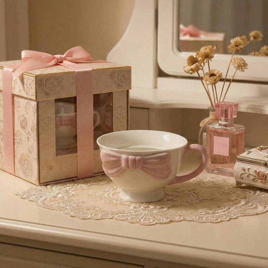 A Creative 3D Embossed Hand-Painted Bowknot Pattern Ceramic Coffee Cup, Bowknot Mug, Carefully Packaged As A Gift For The Back-To-School Season - White - View 1