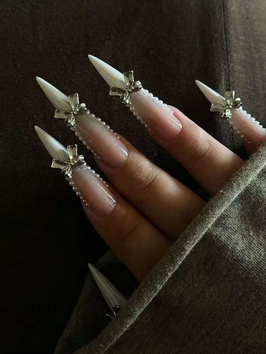 24 móng giả dài kiểu Stiletto, thiết kế ngọc trai ánh kim, thời trang, đa năng, làm trắng răng, bộ móng tay cô dâu quyến rũ, món quà hoàn hảo cho phụ nữ.