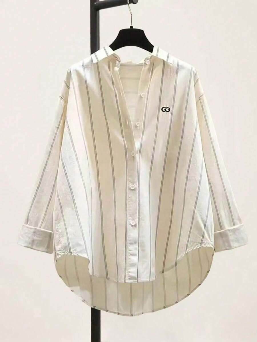 Áo sơ mi nữ dài tay cổ bẻ kẻ sọc bằng polyester, vạt trước ngắn sau dài, chiều dài tiêu chuẩn, thích hợp cho mùa hè. - Màu be - Xem 1