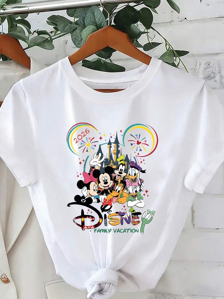 (Loose Version)Women's Cute Mickey Minnie Donald Duck Disney Family Vacation Cotton Regular Round Neck Short Sleeve T-Shirt Short-Sleeved Round Neck Casual Shirt Necessary In Summer, Suitable For Summer And Spring, Holiday Gift Party Clothing, Ladies' Clothing. - 白色 - 查看 1