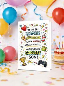 1pc "To The Best Gamer, Coolest Son!" Funny Gamer Son Card With Envelope - Cartoon Video Game Design, Ideal For Birthday, Father's Day & Just Because, Blank Inner Page - A - View 8