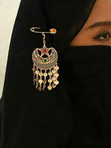 Luxury Gold-Tone Crescent Tassel Brooch For Women – Middle Eastern Vintage Pendant Design, Fade-Resistant Elegant Jewelry For Party & Festival - Golden Star and Moon Brooch - View 1