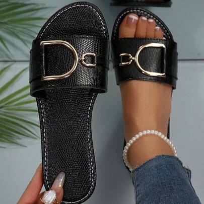 新款大码女式简约舒适百搭圆头D形扣单带凉拖鞋，度假风休闲夏季拖鞋