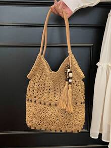 Women's Simple And Versatile, High-Quality, Large-Capacity Woven Tote Bag With Charm Embellishment, Perfect For Everyday Use And Vacations. - Khaki - View 4
