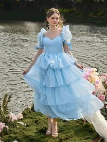 Faeriesty 优雅的欧根纱中长款派对礼服，心形领口，泡泡袖 - 多层荷叶边设计，适合婚礼、舞会、花园派对和正式晚宴等场合。春季 - 藍色 - 查看 5