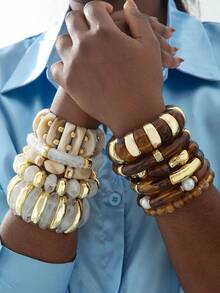 imoli 5pcs/6pcs Set Minimalist Fashion CCB Curved Tube Faux Pearl Geometric Retro Niche Bracelet Set, Versatile For Daily Wear, Casual, Party, Gift - Multicolor - View 2