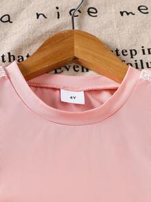 Girls' Sweet Princess Style 2-Piece Set: Pink Round Neck Short Sleeve T-Shirt (Lace Trim + Bow Decor) + Double-Layer Ruffle Hem Skirt, Fresh & Cute Children Outfit - Pink - View 5