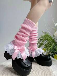 1 Pair Women's White Lolita Bow Lace Trim Flat Leg Warmers 0CWF - White - 查看 7