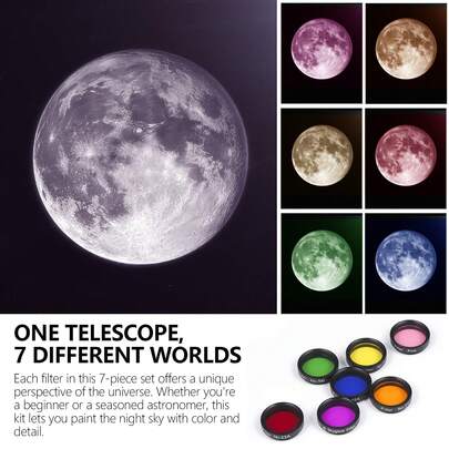 7pcs Eonix Telescope Eyepiece Filters, Fit 1.25"/31.7mm Eyepieces, Large Aperture Nebula And Moon Filters, Suitable For Stargazing, Astronomy, DSLR/CMOS Camera, Telescope Fixed Focal Length Optical Devices