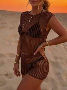 棕色钩编网眼比基尼套装，女士性感无袖露脐上衣和短裤 - 棕色 - 查看 2