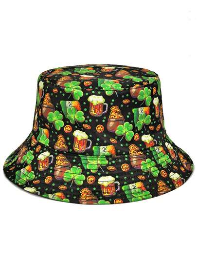 1顶男女通用四叶草啤酒印花渔夫帽，轻便透气遮阳帽，户外配饰，百搭休闲渔夫帽，适合日常佩戴