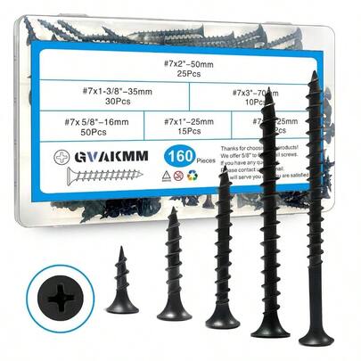 Drywall Screws Assortment Kit, #Black Wood Screws Set, 160pcs 5 Sizes(3'', 2'', 1 - 3/8'', 1'', 5/8''), Coarse Thread  Drive Bugle Point, Wood, And More