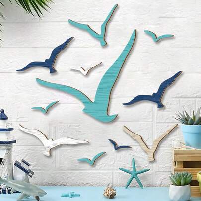 1/11pcs Wooden Seagull Wall Decor, Ocean Theme Beach Coastal Art Small Seagull Bird Wall Decoration, Marine Adhesive Sculpture Vintage Decor, Suitable For Beach House, Outdoor Beach Wall Hanging, Living Room, Kitchen, Bathroom