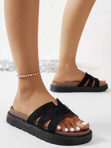 New Fashion Buckle Open Toe Platform Slippers, Fashionable Slides, Comfortable & Versatile, Dirt-Resistant Beach Sandals Suitable For Daily Wear,Summer Outfits,Travel Essential - Black - View 5