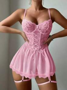 2026 Women's Black Lace Up Mesh Babydoll Lingerie With Detachable Garter - Valentine's Day Seductive Nightwear 2pcs - 粉色 - 查看 2