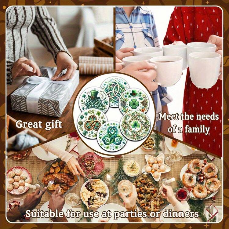 6个2D印刷爱尔兰主题杯垫，适用于露台、厨房、客厅、家庭聚会、桌面装饰，是节日、婚礼、生日、派对等场合赠送亲朋好友的理想礼物，也是家居装饰配件。 - 彩色 - 查看 4