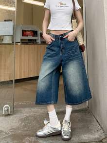 修身阔腿七分牛仔裤，宽松复古小码休闲直筒裤 - 藍色 - 查看 3