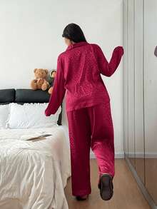 Plus Size Red Leopard Jacquard Long Sleeve & Pants Pajama Set - Red - View 2