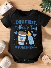 My Grammy Loves Me! Cartoon Print Baby Romper, A Stylish And Casual Short-Sleeve  With A Round Neck, Perfect For Boys And Girls To Wear For Holiday Celebrations And Activities Throughout The Year. Made Of Soft Cotton For Comfort. - 黑色1 - 查看 1