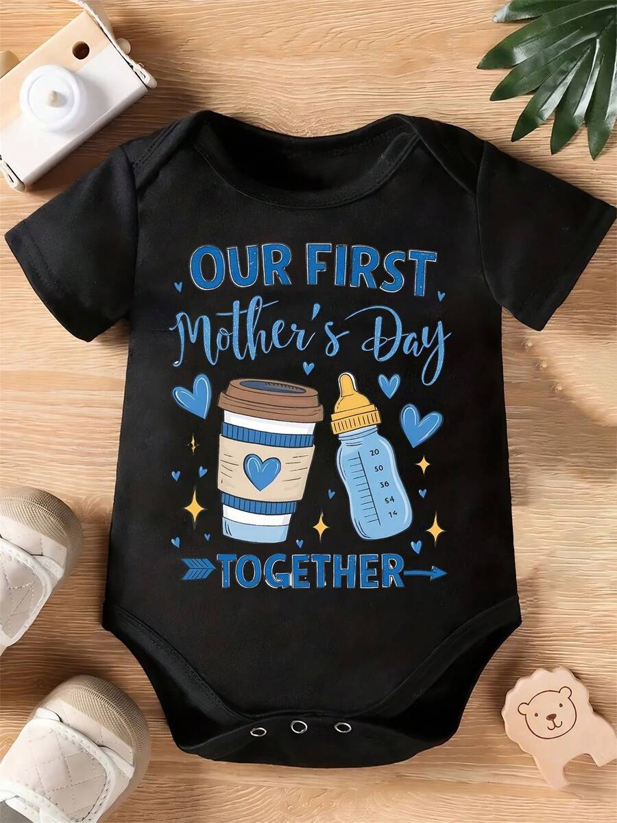 My Grammy Loves Me! Cartoon Print Baby Romper, A Stylish And Casual Short-Sleeve  With A Round Neck, Perfect For Boys And Girls To Wear For Holiday Celebrations And Activities Throughout The Year. Made Of Soft Cotton For Comfort. - 黑色1 - 查看 1