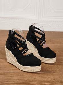 Women's Wedge & Platform Slip-On Espadrille Shoes, Black Round Toe Vacation Beach Woven Strap Sandals, Vacation Rope Sole Elastic Band Paired With Women's Shoes - Black - View 3