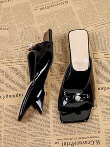 Sandalias de tacón alto negro con decoración de perlas y punta cuadrada para mujer, sandalias tipo mula versátiles y casuales para el verano - Negro - Ver 6