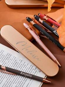 Customized Text Touchscreen Ballpoint Pen Box Set, Rectangular Tin Pencil Case, Stationery Box With Connected Flip Cover - Gold - View 3