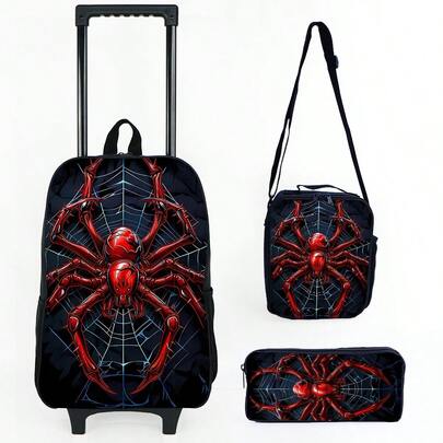 Set de 3 piezas de mochila con estampado de araña (mochila de capa única + bolsa de almuerzo redonda + estuche de lápices de capa única), bolsa de Halloween