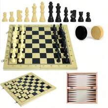 一套双面木质棋盘，铜版印刷，包含24枚可拼接的木质跳棋和32枚标准国际象棋棋子，适合14岁及以上人群，家庭娱乐，国际象棋，跳棋，棋盘游戏，木质国际象棋套装，拼字游戏棋盘，情人节礼物 - 彩色 - 查看 5
