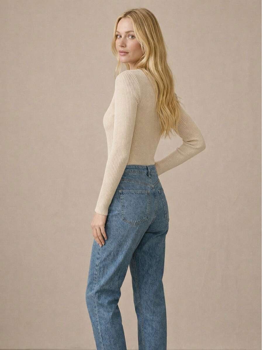 Women's Ribbed Turtleneck Sweater With Medium Neckline And Long Sleeves, Second-Skin Style, Simple And Casual. - Rượu sâm banh - Xem 1