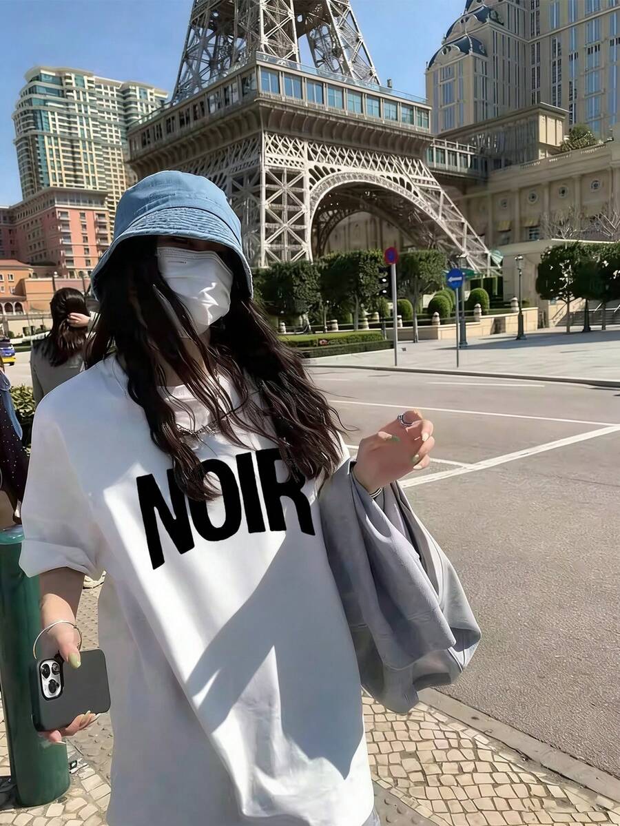 Camiseta de manga corta de cuello redondo holgada con estampado de letras y dibujos animados, estilo japonés, primavera/verano, blanca - Blanco - Ver 1